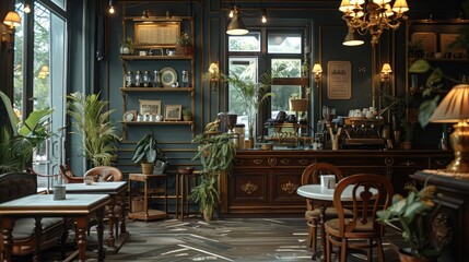 Wall Mural - A beautiful coffee shop with a long history, a interior unified with calm dark colors, antique furniture that gives you a sense of history. Generative AI.