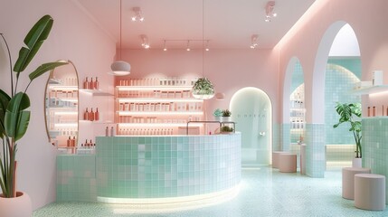 Canvas Print - 3D render of a cosmetic and skincare interior clean, with white, green and pale pink tile and elements of a clinic. in the store there is a coffee themed cafe kiosk with a bar top. Generative AI.