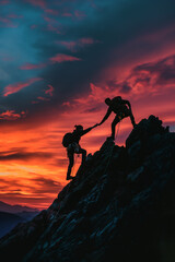 Poster - Silhouette two climbers help each other to reach the top of the mountain, fighting spirit and togetherness theme..