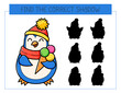 Find the correct shadow game with penguin with ice cream. Educational game for children. Cute cartoon penguin. Shadow matching game.