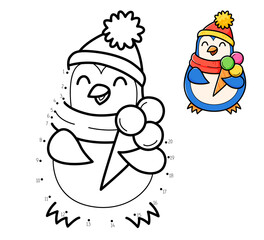 Wall Mural - Dot to dot game coloring book with penguin with ice cream for kids. Coloring page with cute cartoon penguin. Connect the dots illustration.