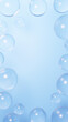 青背景に複数の水滴の背景素材。コピースペース。3D（縦長）