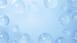 青背景に複数の水滴の背景素材。コピースペース。3D（横長）