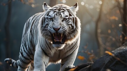 Wall Mural - tiger in the water A white tiger is roaring in the wild