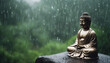 © abu - Buddha statue sitting in meditation with rain and forest in the background