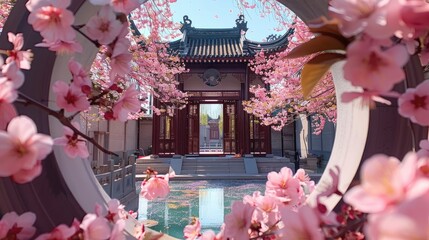 Wall Mural - A Chinese-style courtyard filled with blooming peach blossoms. There is a round courtyard gate. Generative AI.