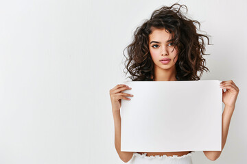 Poster - young woman showing large blank sheet of paper with copy space