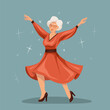 Joyful old lady dancing in a dress. Active aging. Vector flat illustration of happy beautiful senior woman in red dress on blue background with stars.
