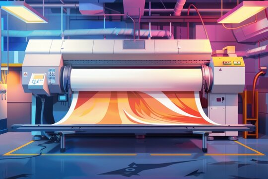 A large print machine in a spacious room. Suitable for printing industry concepts