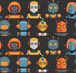 Child cheerful pattern with bright cartoon robots on gray background. Childish technology surface design. Flat texture with various cyborg toys for fabrics, wrapping paper and wallpaper.