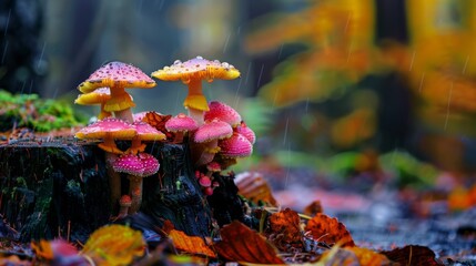 Poster - Close-up of colorful mushrooms thriving on the damp surface of a tree stump, adding vibrant splashes of color to the forest floor.