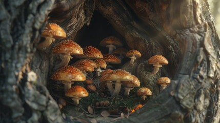 Poster - Close-up of mushrooms growing in the hollow of a tree, serving as a cozy shelter for woodland creatures and a picturesque sight for forest explorers.