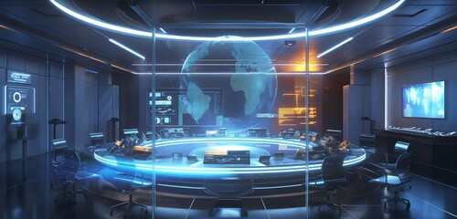 Wall Mural - A technology think tank meeting room, with a circular holographic display at the center, where futuristic concepts and ideas are debated and visualized in 3D. 32k, full ultra hd, high resolution
