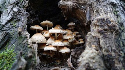 Poster - Close-up of mushrooms growing in the hollow of a tree, serving as a cozy shelter for woodland creatures and a picturesque sight for forest explorers.