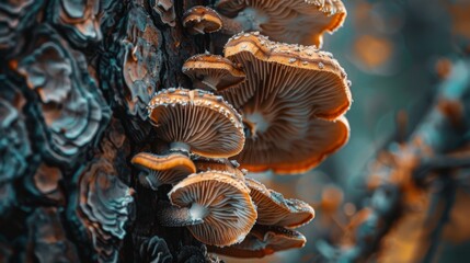 Poster - Close-up of mushrooms thriving on the bark of a tree, highlighting the fascinating world of fungi in forest ecosystems.