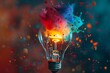 A light bulb exploding with a burst of colorful ideas.