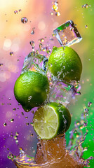 Closeup of limes and ice cubes in sparkling water, with a pink, purple and green background in the style of a light, white, yellow and dreamy style.