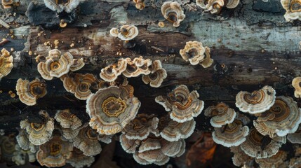 Poster - Close-up of mushrooms thriving on the damp underside of a fallen log, highlighting the role of fungi in decomposing organic matter in forests.