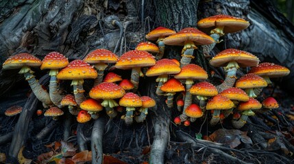 Poster - Close-up of vibrant mushrooms thriving on the roots of a tree, illustrating the intricate interplay between fungi and plant life.