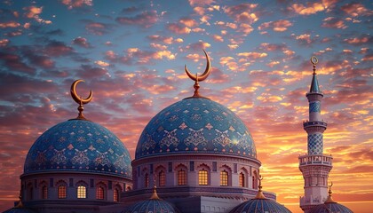 Wall Mural - Mosques dome on dusk sky in the evening twilight and crescent moon