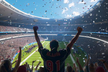 back view of cheerful fan watching american football game at the large stadium