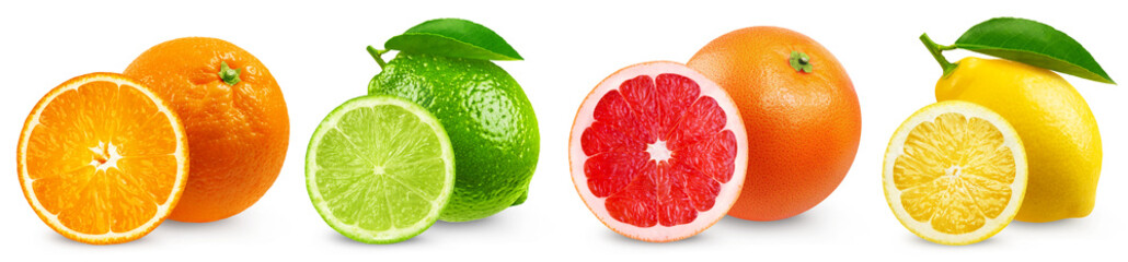 Wall Mural - citrus fruits isolated set. lemon, lime, orange and grapefruit on a transparent background. fruit co