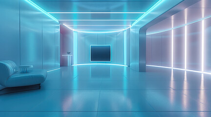 Aufkleber - One corner of the room, technology wall, news broadcast direction, sense of space, simple, bright, light blue. Generative AI.