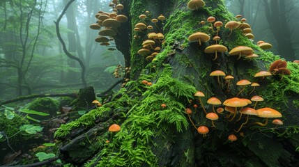 Poster - Lush forest scene with mushrooms growing on the trunk of a moss-covered tree, showcasing the beauty of nature's symbiotic relationships.