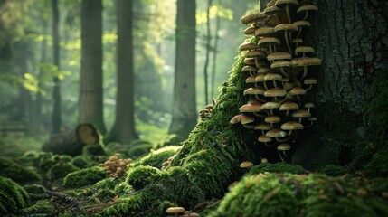 Poster - Lush forest scene with mushrooms growing on the trunk of a moss-covered tree, showcasing the beauty of nature's symbiotic relationships.