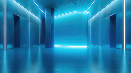 Poster - One corner of the room, technology wall, news broadcast direction, sense of space, simple, bright, light blue. Generative AI.