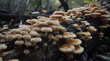 Aufkleber - Macro image of mushrooms flourishing on a fallen tree trunk, serving as a reminder of the beauty and resilience of nature's decomposition process.