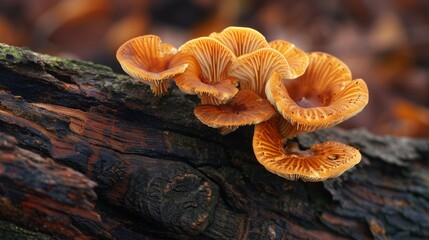 Aufkleber - Macro image of mushrooms flourishing on a fallen tree trunk, serving as a reminder of the beauty and resilience of nature's decomposition process.