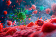 Virus cells or bacterias under microscope. Germs microbe microorganism close-up.