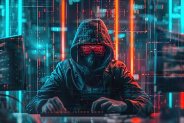 Poster - a person wearing a hoodie sitting at a computer desk. suitable for technology and work concept