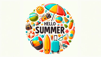 Hello Summer greeting text in circular white frame with colorful beach element: umbrella, surfboard, luggage, ball. Hello summer beach vector concept. 