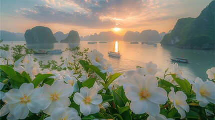 A white jasmine flower in full bloom, with the backdrop of Ha Long Bay and boats on it. The sky is painted in the style of soft clouds,Generative AI illustration.