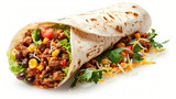 Fototapeta Na ścianę - Tasty Mexican burrito with vegetables on white background