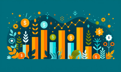 Poster - Upward financial charts with currency symbols and corporate imagery - Business profit growth visualization