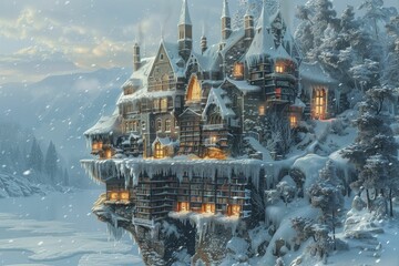 Poster - Discover the enchanting sight of a floating library nestled in a winter wonderland, boasting ice sculpted shelves and snow-draped books amid a frosty village scene.