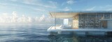 Fototapeta  - Panoramic floating library with transparent floating shelves and a holographic reader interface, against a serene sea horizon.