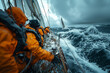 © ivlianna - Sailing team navigating their boat through rough seas with precision and teamwork .Group sailing on watercraft in ocean, surrounded by sky, clouds, wind waves