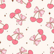 Draw seamless pattern coquette cherry heart bow Trendy girly