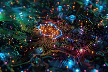 Poster - Close up of a circuit board with colorful lights. Perfect for technology and innovation concepts