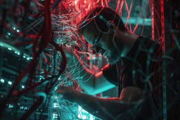 Poster - A man working on wires in a server room. Suitable for technology concepts