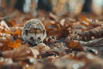 Wall Mural - A small hedge walking through a pile of leaves. Suitable for autumn themes