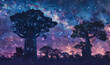 Starlit Sky and Baobab Trees in Purple Hues
