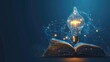 © Dara - An artistic rendition of a luminous low polygonal book emitting inspiration above an electric light bulb, evoking the concept of futuristic creativity and visionary thinking against a dark blue.