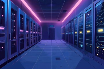 Poster - A long hallway filled with rows of servers. Suitable for technology or data center concepts