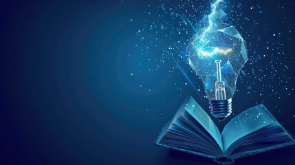 An artistic rendition of a luminous low polygonal book emitting inspiration above an electric light bulb, evoking the concept of futuristic creativity and visionary thinking against a dark blue.
