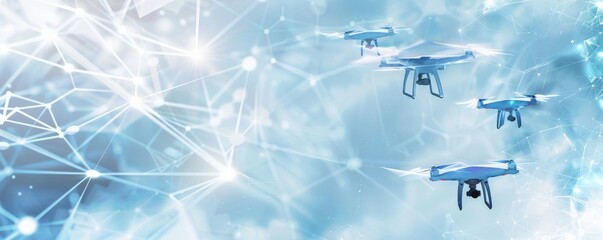 Poster - Futuristic drone network soaring in a digitally connected sky, showcasing modern delivery and surveillance technology